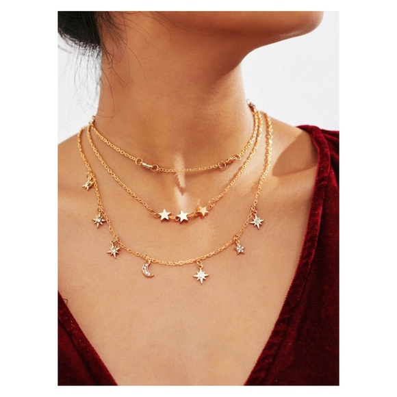 Gold Rhinestone Stars Layered Chain Necklace - Picture 1 of 2